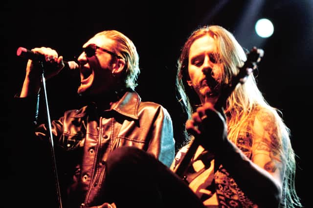 Layne Staley (Left) and Jerry Cantrell (Rt.) of Alice in Chains performing at the San Jose State Event Center in San Jose Calif. on April  11th, 1993.  Photo by Tim Mosenfelder/Getty Images