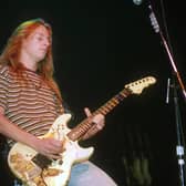 Jerry Cantrell performing with the G&L "Blue Dress Rampage" guitar in London in 1993. The guitar, used to record 90% of Alice In Chain's output, has been stolen over the weekend in California (Credit: Getty)