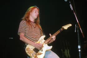 Jerry Cantrell performing with the G&L "Blue Dress Rampage" guitar in London in 1993. The guitar, used to record 90% of Alice In Chain's output, has been stolen over the weekend in California (Credit: Getty)