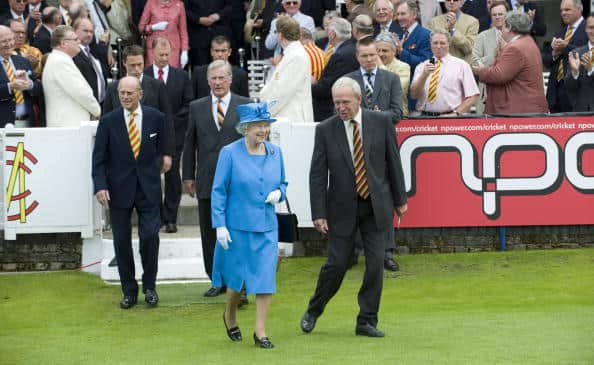 Derek Underwood walking alongside the late Queen during 2nd Ashes Test Match between England and Australia at Lord's on July 17, 2009 in London, England. 