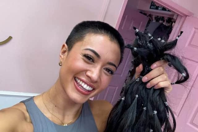 'Love Island' star Kaz Crossley has cut off all of her hair to donate it to the charity Little Lady Locks, which supports children and young people who have lost their hair due to alopecia or cancer. The reality TV star also ran the Manchester marathon 2024 to raise funds for the good cause. Photo by Instagram/kazcrossley.