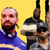 Drake continues his feuds with Metro Boomin' (bottom) and Rick Ross (middle), but might have found some support from Uma Thurman at least (Credit: Canva/Getty Images)