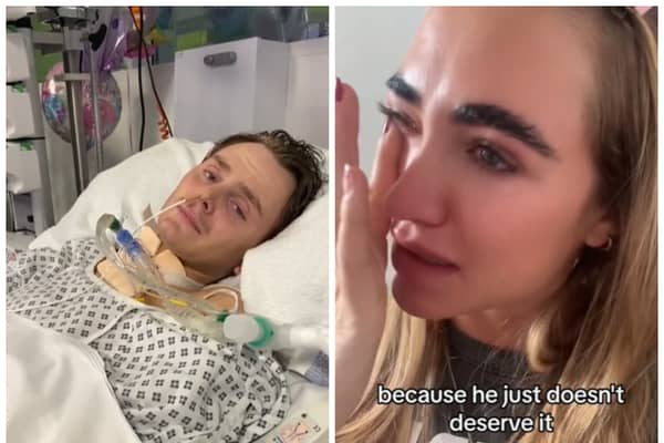 'Love Island' star Georgia Harrison (right) has broken down in tears on a TikTok video after finding out that her friend Louie Mills (left) has had a spinal stroke. Photos by TikTok/@louiemills (left) and @georgialouiseharrison (right).