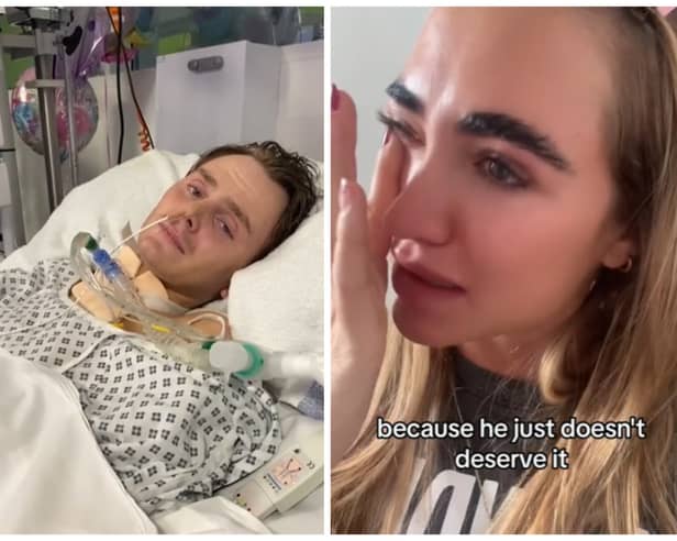 'Love Island' star Georgia Harrison (right) has broken down in tears on a TikTok video after finding out that her friend Louie Mills (left) has had a spinal stroke. Photos by TikTok/@louiemills (left) and @georgialouiseharrison (right).