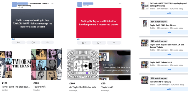 Some of the Taylor Swift Eras Tour scams which have been seen on social media by Lloyds Bank in April 2024. Photo by Lloyds Bank.