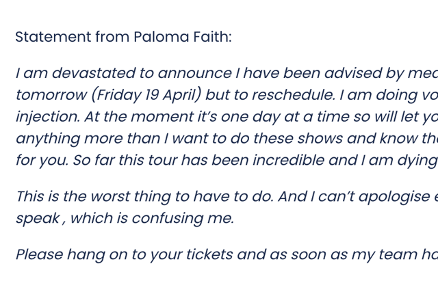 Paloma Faith apologised to fans for cancelling the show in Cardiff, addressing the situation in a post on the Utilita Arena's website (Credit: Utilita Arena Cardiff)