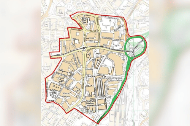 Map of Sheffield city centre defining area Gavin Reynolds cannot enter due to a CBO.
