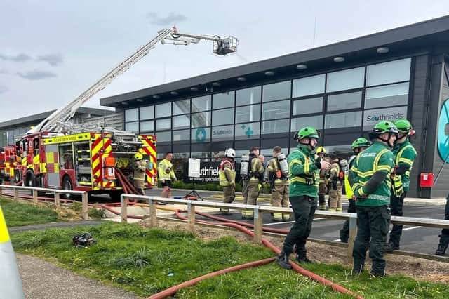 Emergency services at a fire in a building next to o Southfields Veterinary Specialists in Basildon, Essex, on Thursday, April 18, 2024 Picture: Essex Police