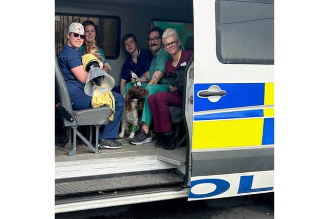 Vet staff and animals in an Essex Police carrier after the fire at a vets in Basildon on Thursday Picture: Essex Police
