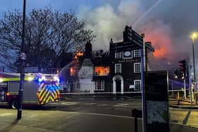 The Burn Bullock in London, a heritage-list pub, has suffered significant damage after a fire on Friday, according to the London Fire Brigade (Credit: Mitcham Cricket Club on Twitter/X)