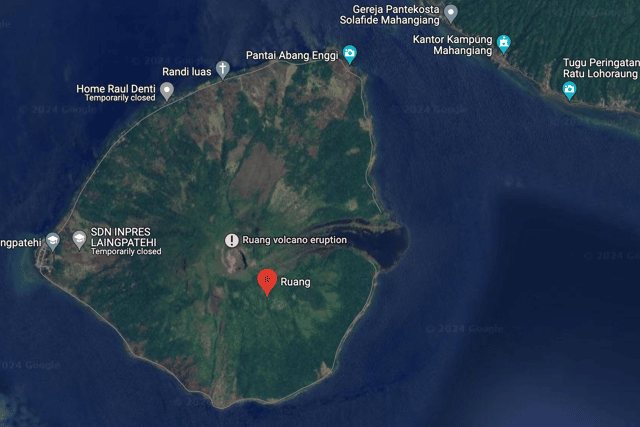 The volcano is located on Ruang Island in North Sulawesi, Indonesia. Ruang Island is part of the Sangihe Islands archipelago, situated approximately 60 miles north-northeast of Manado, the capital of North Sulawesi province (Credit: Google Maps)