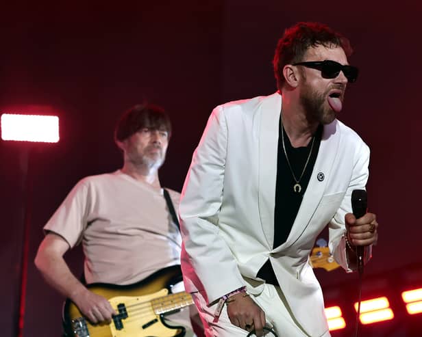 Alex James and Damon Albarn of Blur perform at the Coachella Stage during the 2024 Coachella Valley Music and Arts Festival during their Weekend Two performance. Lead singer Damon Albarn admitted to the crowd that this was "probably our last" performance (Credit: Getty)