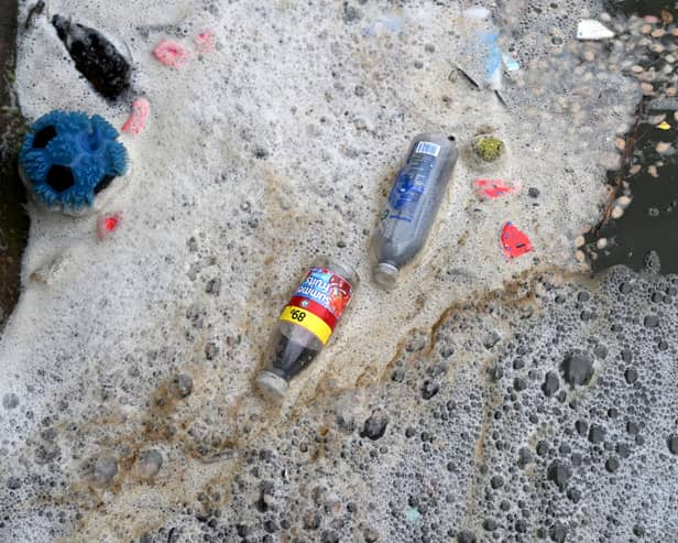 Discarded plastic bottles and food wrappers floating Marine Lake in England's West Kirby, on Earth Day 2024 (Photo: PAUL ELLIS/AFP via Getty Images)