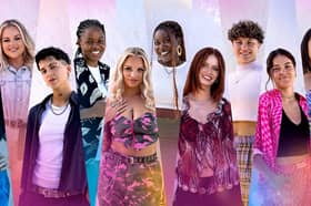The 10 contestants on lesbian dating show 'I Kissed a Girl'. Pictured are, left to right, Cara, Abbie, Fiorenza, Naee, Meg, Demi, Amy, Lisha, Georgia, Priya. Photo by BBC/Two Four.