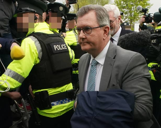Former DUP leader Sir Jeffrey Donaldson with his solicitor John McBurney arrives at Newry Magistrates' Court, where he is charged with several historical sexual offences. (Credit: Brian Lawless/PA Wire)