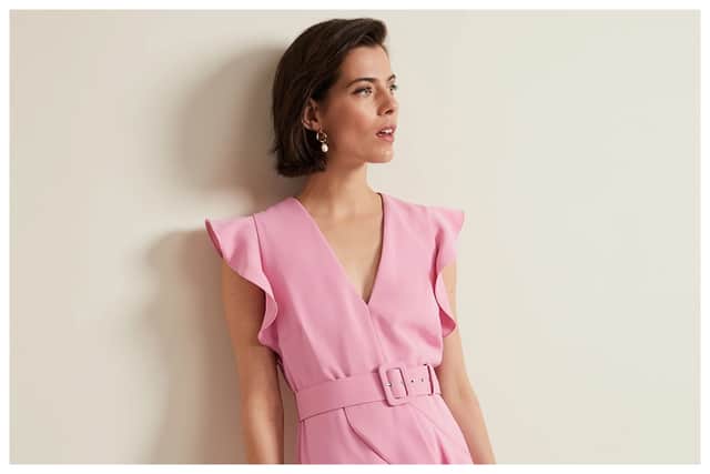 I can almost never resist anything pink, so it is no wonder I am a fan of this Phase Eight V-Neck Ruffled Belted Maxi Waisted Dress, £169 available at M&S. It would work beautifully for a city wedding. 