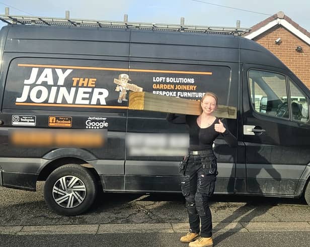 Female joiner Charlie Dawe has hit out at ‘sexist pig’ construction bosses who offered her a receptionist job. Picture: Kennedy News/The Handywoman