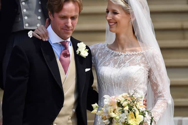  Lady Gabriella Windsor and groom, Thomas Kingston after their wedding at St George's Chapel, Windsor Castle on May 18, 2019 in Windsor, England