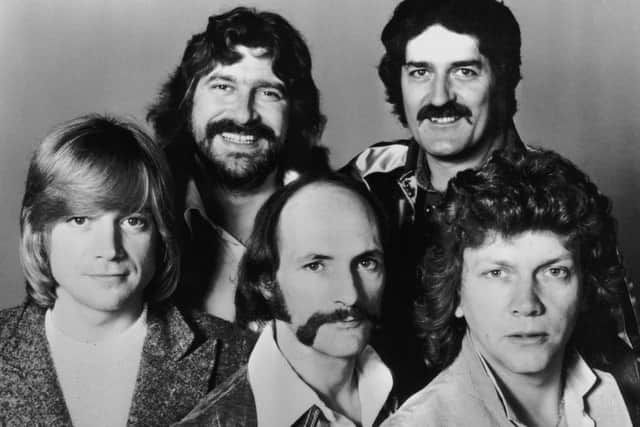 British rock group The Moody Blues, 26th July 1978. Clockwise from top left, Graeme Edge, Ray Thomas, John Lodge, Mike Pinder and Justin Hayward. (Photo by Keystone/Hulton Archive/Getty Images)