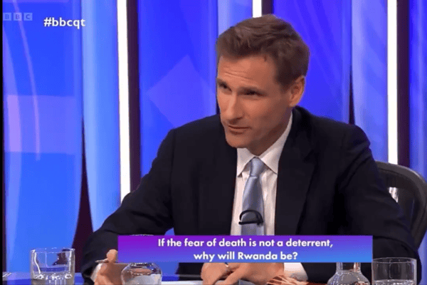 Home Office minster Chris Philp was left red faced during an exchange on Question Time, after he asked an audience member if Congo and Rwanda were two different countries. (Credit: BBC)