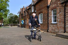 Captain Tom Moore with his walking frame doing a lap of his garden in the village of Marston Moretaine, 50 miles north of London (Photo: JUSTIN TALLIS/AFP via Getty Images)