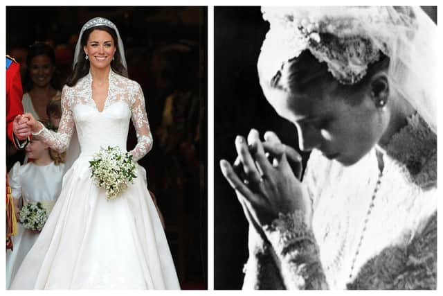 Kate Middleton's bridal gown, which was hand-made at London’s Royal School of Needlework, featured a high lace collar, long lace sleeves and was very reminiscent of Grace Kelly’s wedding dress