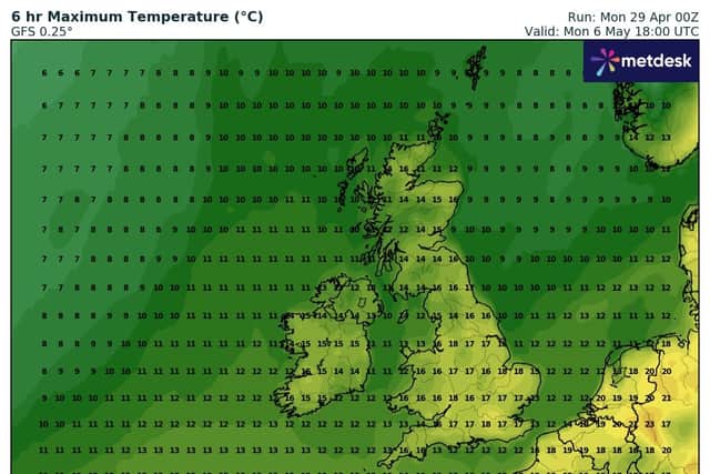 Temperatures are set to get warmer for the southern coast during the May bank holiday weekend. (Credit: WXCharts)