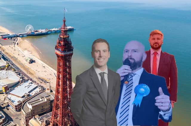 The Blackpool South by-election: (left to right) disgraced MP Scott Benton who's standing down, Tory candidate David Jones, Labour candidate Mark Webb. Credit: Getty/Blackpool Gazette/Parliament/Labour/Mark Webb