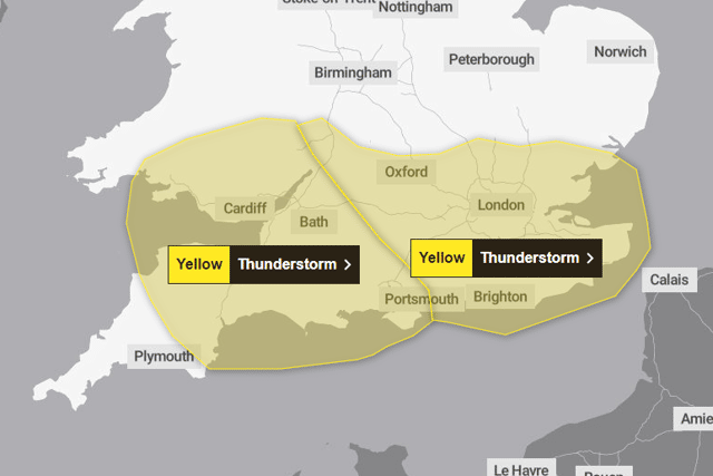 Met Office yellow weather warnings for thunderstorms are in place across the south of the UK. (Credit: Met Office)