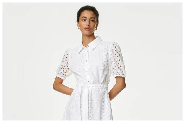 White always works for spring and summer and this M&S Collection Pure Cotton Broderie Midi Shirt Dress, £59, is just so chic