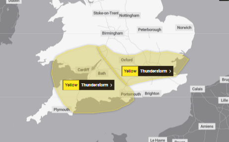 Yellow weather warnings for thunder in the south have been extended. (Credit: Met Office)