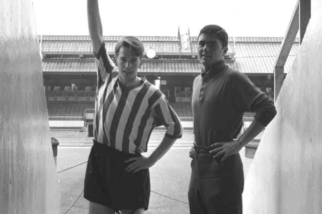 Goalkeeper Derek Forster, right, in the tunnel at Roker Park aged 17 in 1966, with teammate Colin Suggett.