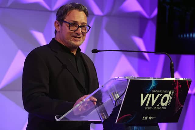 Creative Director Ignatius Jones speaks to the audience at the launch of Vivid Sydney, in Sydney on March 17, 2016. 
Vivid Sydney is the worlds largest festival of light, music and ideas, which transforms the city's building and landmarks into a colourful spectacle and runs from May 27 to June 18 2016. (AFP / William WEST)