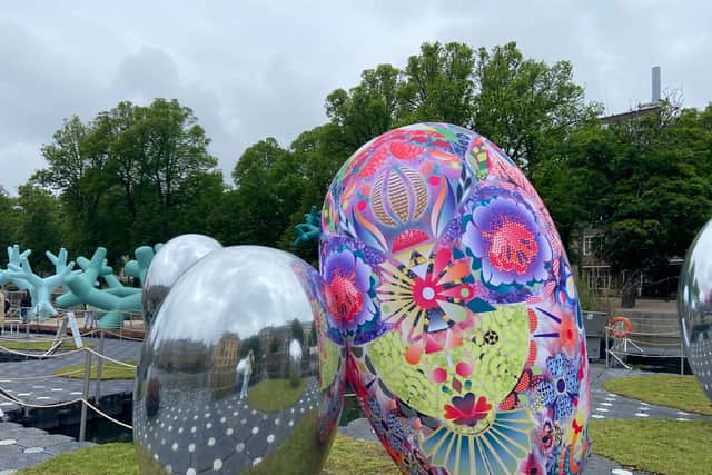 A decorated egg as well as mirrored eggs are also part of the art, created by designer Marcel Wanders. (Photo: Isabella Boneham)