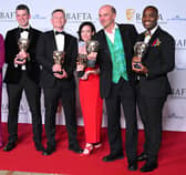 Toni Ireland (first left), Tim Harcourt (third left), Stephen Lambert (fifth left) and Stephen Yemoh (sixth left) pose with the Reality Award for 'Squid Game: The Challenge' in the Winners Room during the 2024 BAFTA Television Awards.