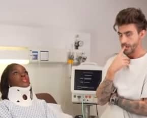 ‘Love Island: All star’ contestants Kaz Kamwi and Chris Taylor attempted to reenact a viral trend that sees couples perform a show-stopping lift - but it appeared to end with Kamwi in hospital needed medical treatment. Photo by Instagram/kazkamwi.