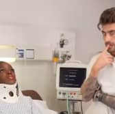 ‘Love Island: All star’ contestants Kaz Kamwi and Chris Taylor attempted to reenact a viral trend that sees couples perform a show-stopping lift - but it appeared to end with Kamwi in hospital needed medical treatment. Photo by Instagram/kazkamwi.
