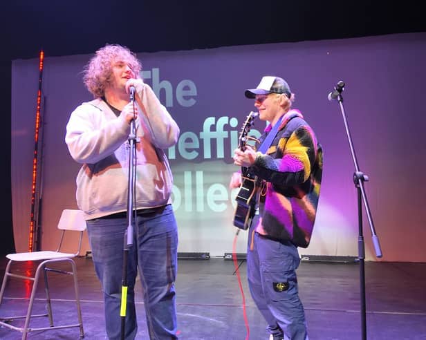 Sheffield College music student Lol Bailey performs with Ed Sheeran. The four-time Grammy winner visited the college Hillsborough campus today. Picture: Sheffield College