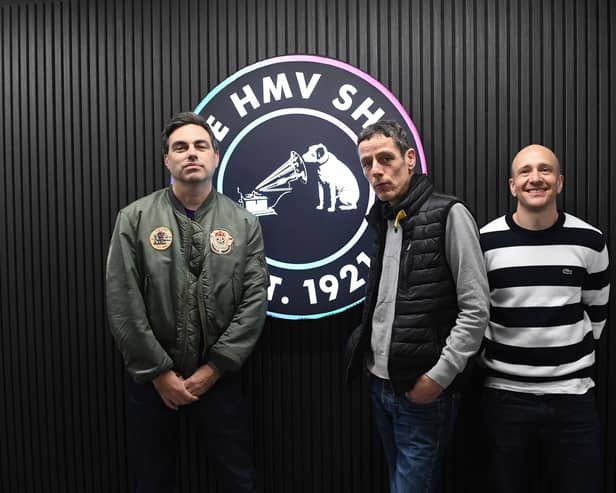 Richard Archer, Kai Stephens and Ross Phillips of the band Hard-Fi attend HMV Oxford street. The indie group have released a new single since their 2011 album and are set to tour the UK in November 2024. (Photo by Nicky J Sims/Getty Images)