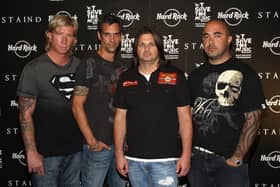 Staind celebrate the release of their album "The Illusion of Progress" in 2008. Original drummer and founding member Jon Wysocki (far left) has died at the age of 53 on May 18 2024, according to the band (Credit: Getty Images)