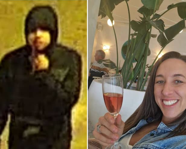 Amie Gray, right, who was stabbed to death on Friday in Dorset, and CCTV of the suspect in the murder probe. Pictures: Dorset Police / Facebook-Amie Gray  
