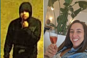 Amie Gray, right, who was stabbed to death on Friday in Dorset, and CCTV of the suspect in the murder probe. Pictures: Dorset Police / Facebook-Amie Gray  
