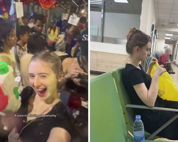 Sophie Spencer-Beeley says joining in the 'world's biggest water fight' while on a Thai holiday left her hospitalised twice with a horror stomach bug. Picture: Kennedy News