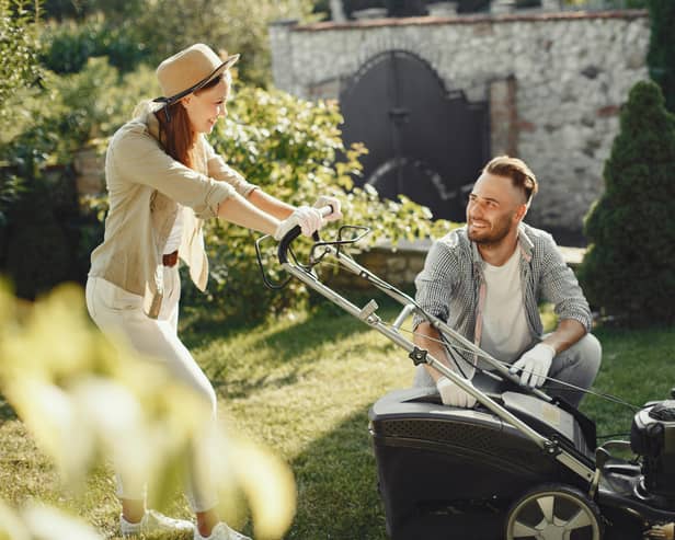 A happy couple mowing - perhaps after No Mow May - unaware of the horror they're about to unleash on hay fever sufferers (Photo: Pexels)