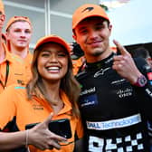 McLaren race stars Lando Norris and Bianca Bustamante following Norris's first race win in Miami 