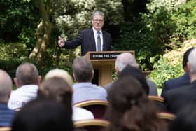 Prime Minister Sir Keir Starmer during his speech and press conference in the Rose Garden at 10 Downing Street