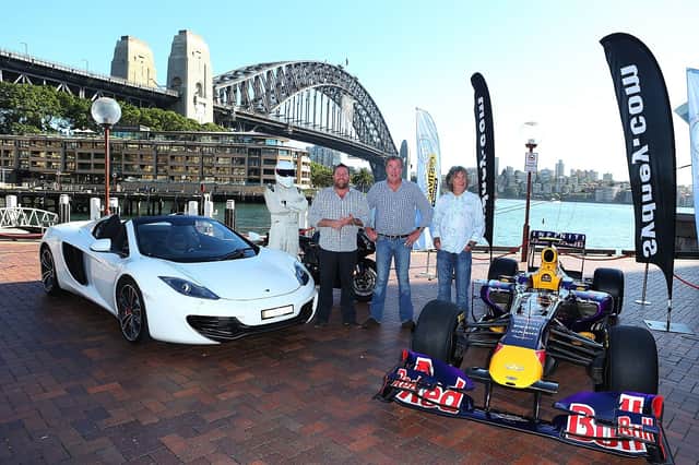 Jeremy Clarkson pictured with The Stig, as well as Shane Jacobson and James May ahead of the Inaugural Top Gear Festival Sydney in Sydney, Australia, in 2013.