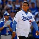 Fernando Valenzuela throws out the ceremonial first pitch during the 92nd MLB All-Star Game in 2022.