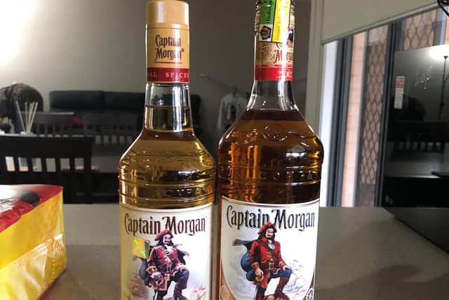 A man has shared photos of two nearly identical bottles of rum sent to him by a young man who had travelled to Bali a few years ago. (Photo: Just Don't Drink Spirits In Bali/Facebook)