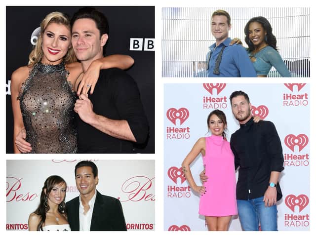 Couples who have met at fallen in love on reality TV show Dancing with the Stars. Photo by BBC Studios Los Angeles (top left) and Getty Images (all others).